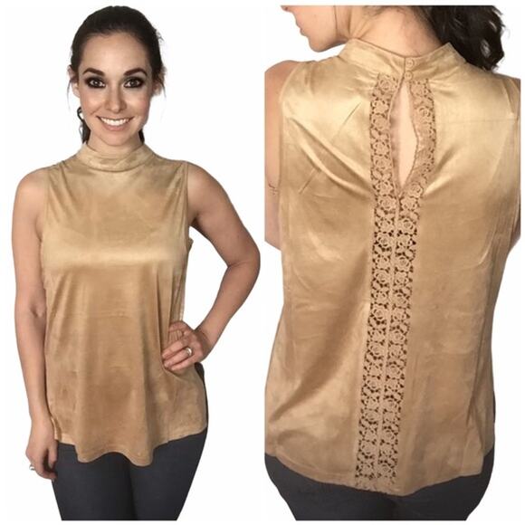 Gold tan suede sleeveless top with crochet - Picture 3 of 9